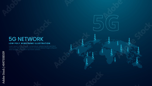 5G Technology Global Network Concept. 5G Internet and Tower Vector Illustration on Technological Blue Background. 