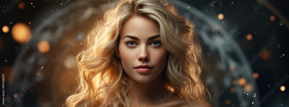 Woman with long blonde hair posing in front of gold lights Woman with long blonde hair posing in front of gold lights