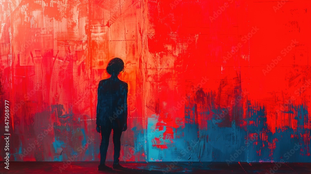 Silhouette figure against red and blue abstract wall