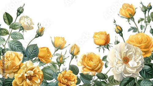 Fototapeta Naklejka Na Ścianę i Meble -  Yellow roses and green leaves