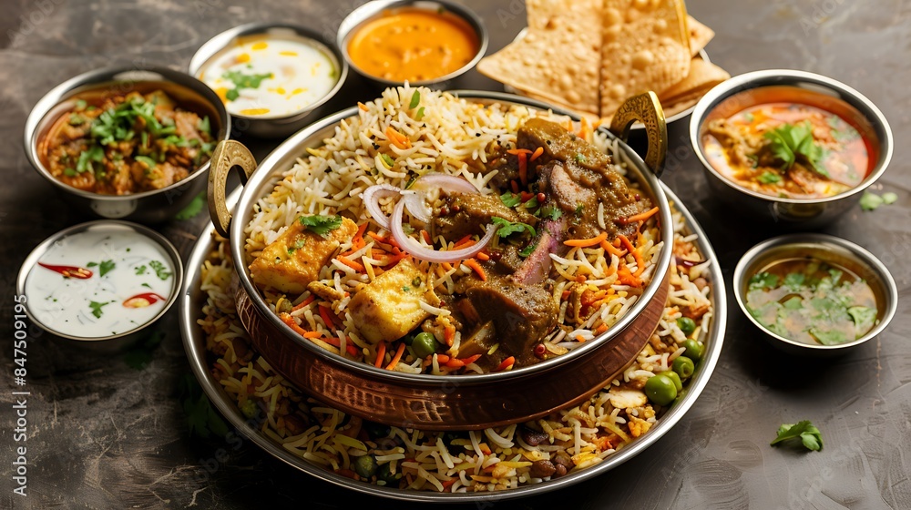 Mutton biryani thali set with korma karahi mixed vegetable of aloo gobi matar nachos and shorba served in dish isolated on background top view of spicy food