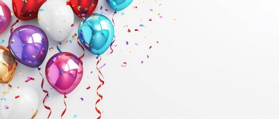 Glossy 3D birthday banner featuring stylish balloons and ribbons, white background, copy space