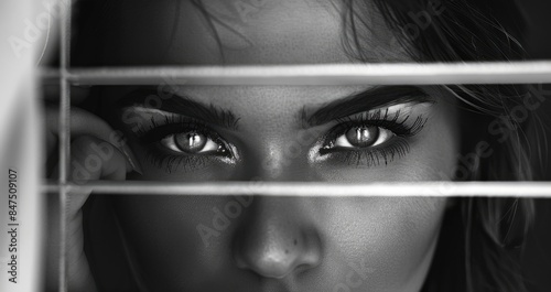 Woman looking through blinds photo