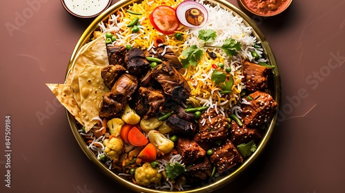 Mutton biryani thali set with korma karahi mixed vegetable of aloo gobi matar nachos and shorba served in dish isolated on background top view of spicy food photo