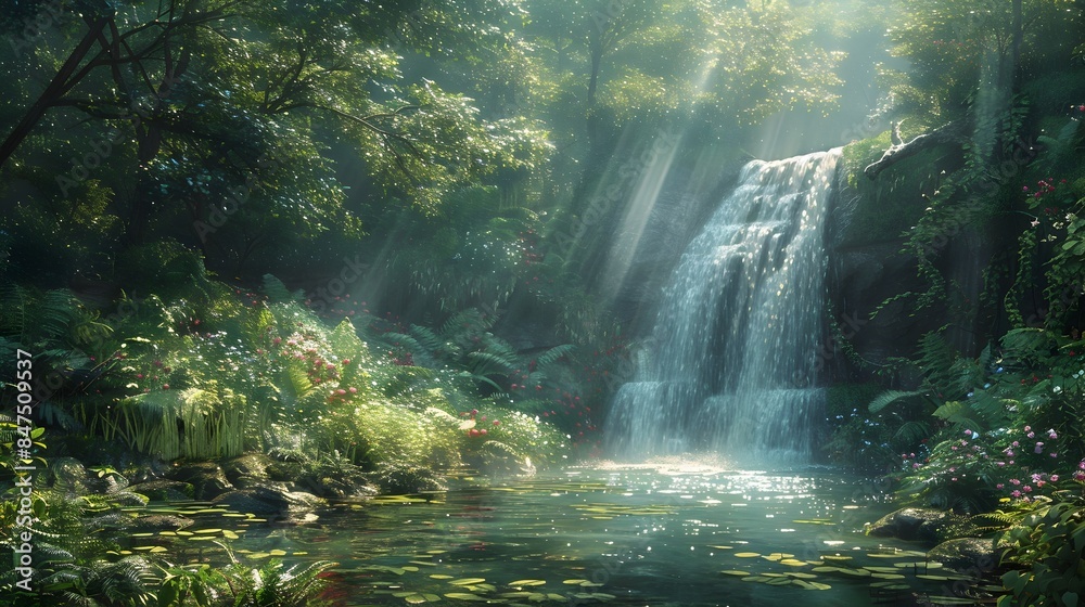 Breathtaking Emerald Forest Waterfall with Ethereal Sunlight Rays Breathtaking Emerald Forest Waterfall with Ethereal Sunlight Rays
