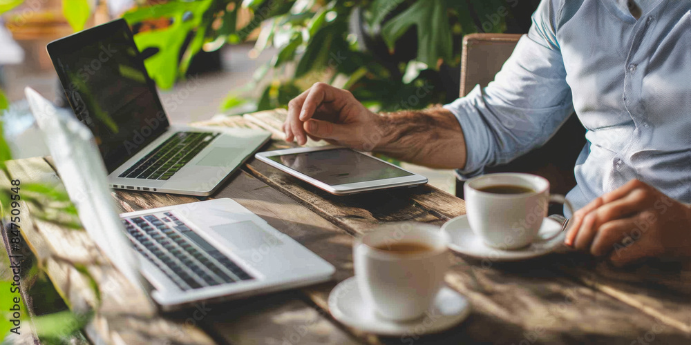 Man working on tablet with coffee in outdoor setting Man working on tablet with coffee in outdoor setting