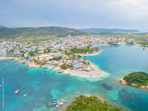 Aerial view of the Ksamil coastline on the Ionian Sea in southern Albania