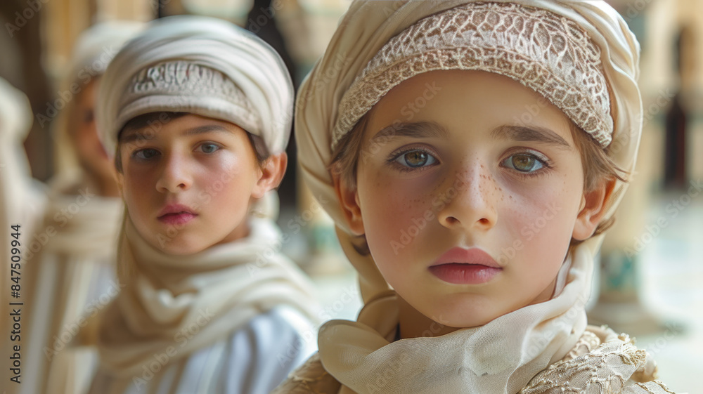 Muslim boys wearing white prayer caps in mosque,generative ai Muslim boys wearing white prayer caps in mosque,generative ai