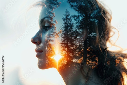 Womans profile with sunset forest double exposure