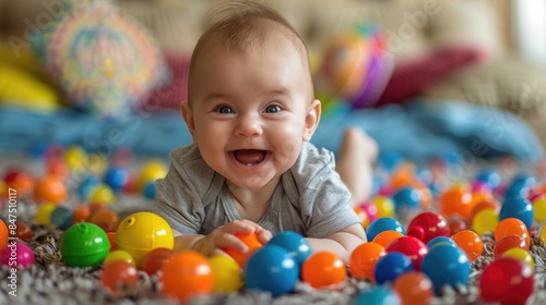 Smiling Baby Surrounded by Colorful Balls in a Playful Room Setting