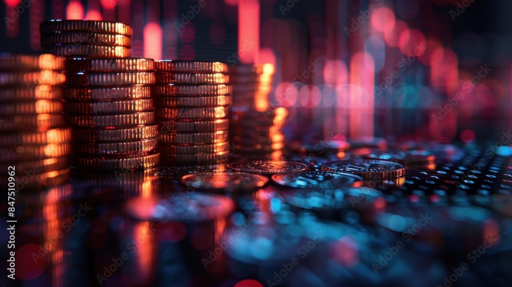 Reverse silhouette of a stack of coins with financial data in the background, captured in high detail and resolution Reverse silhouette of a stack of coins with financial data in the background, captured in high detail and resolution