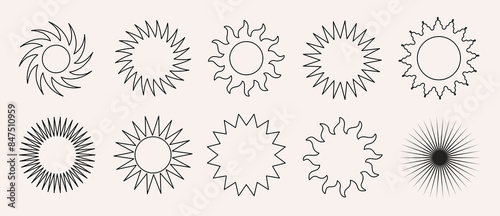 Vector set linear boho sun logo, icons and symbols. Minimalist geometric various design sun elements. All objects are isolated