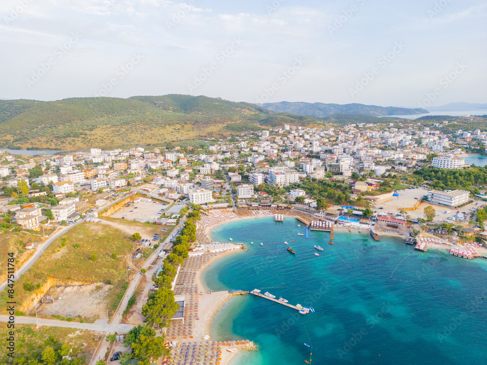 Obraz premium Aerial view of the Ksamil coastline on the Ionian Sea in southern Albania