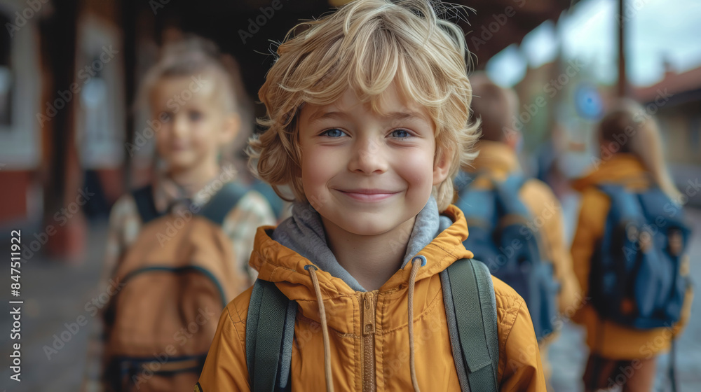 A little boy student smiles outside against the background of his classmates. A little boy student smiles outside against the background of his classmates.