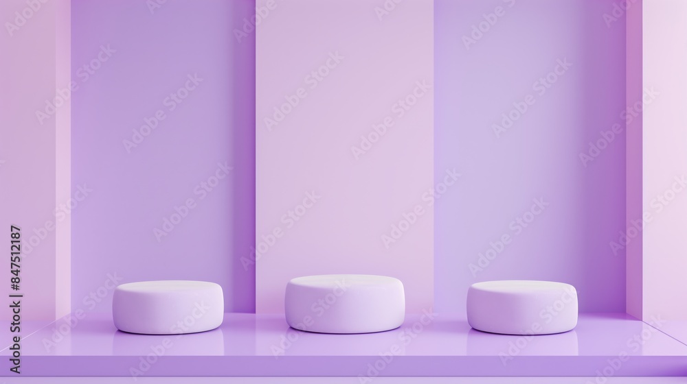 Three Minimalist Purple Toned Round Podiums for Product Presentation on Empty Background. Ideal for E-commerce and Advertising Displays, Showcasing Minimalist Style and Elegance Three Minimalist Purple Toned Round Podiums for Product Presentation on Empty Background. Ideal for E-commerce and Advertising Displays, Showcasing Minimalist Style and Elegance