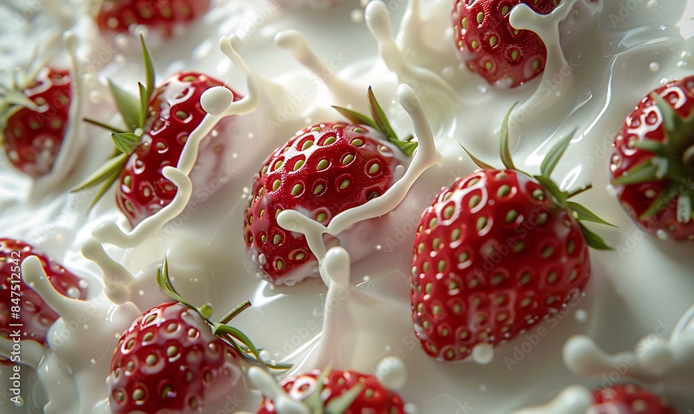 exquisite angel white strawberries amid beautiful milk splashes, viewed from above in a realistic depiction exquisite angel white strawberries amid beautiful milk splashes, viewed from above in a realistic depiction