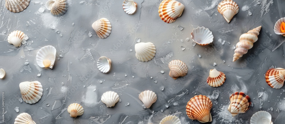 Sea shells on a gray backdrop, evoking a summer theme in a captivating flat lay arrangement from a top view, presenting a square image with space for text.