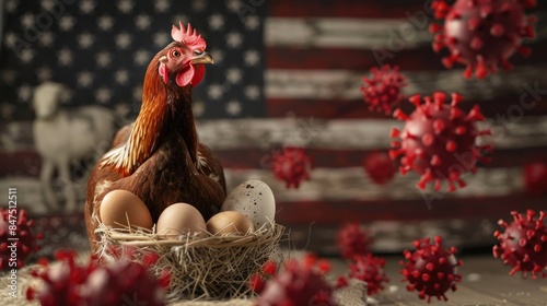 Bird flu spreads to dairy cows , red virus in background , The United States , chicken , illustration,Generative AI
