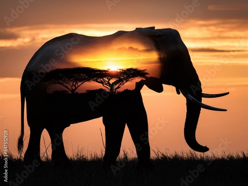 double exposure elephants at sunset © Ekasak