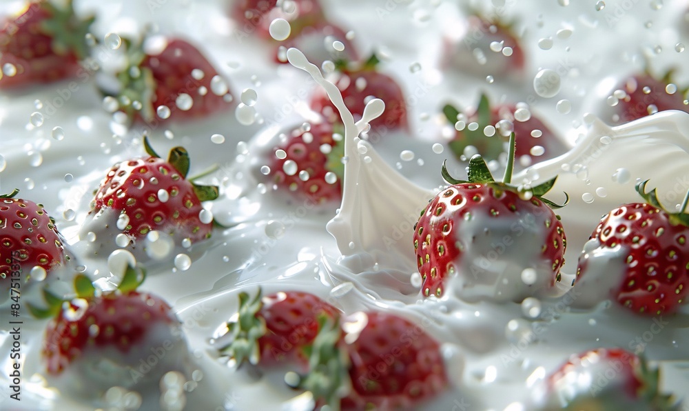 a stunning top look at angel white strawberries floating in spilled milk, with beautifully captured splashes in a macro, realistic style. a stunning top look at angel white strawberries floating in spilled milk, with beautifully captured splashes in a macro, realistic style.