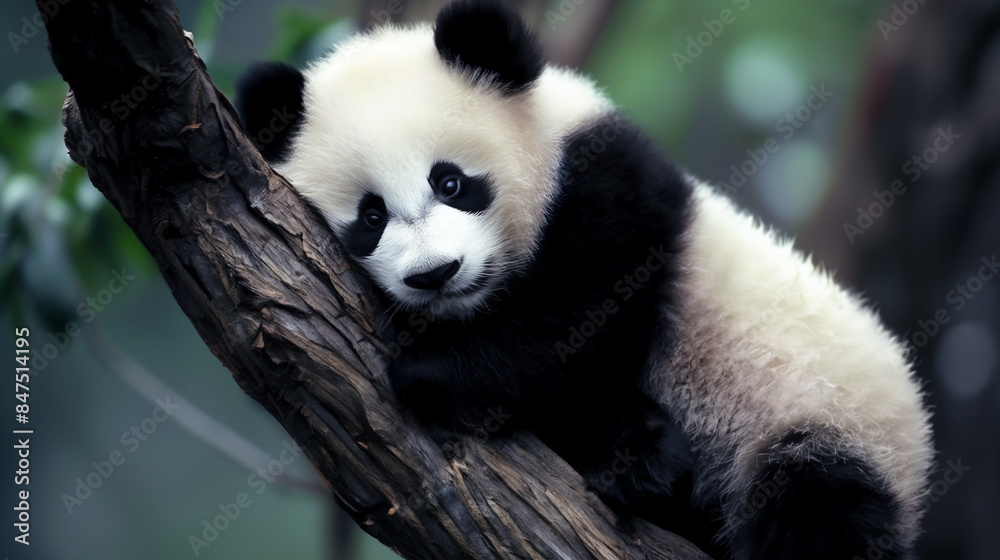 cute baby panda lying on a wooden structure, looking at a camera. its fur is fluffy and soft, and the background includes green foliage, adding to the natural and tranquil atmosphere cute baby panda lying on a wooden structure, looking at a camera. its fur is fluffy and soft, and the background includes green foliage, adding to the natural and tranquil atmosphere