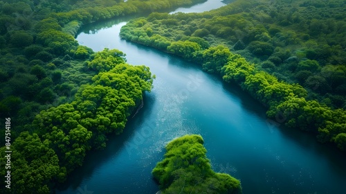 Winding Forest River in Vibrant Watercolor Style Aerial Landscape © Jirapron