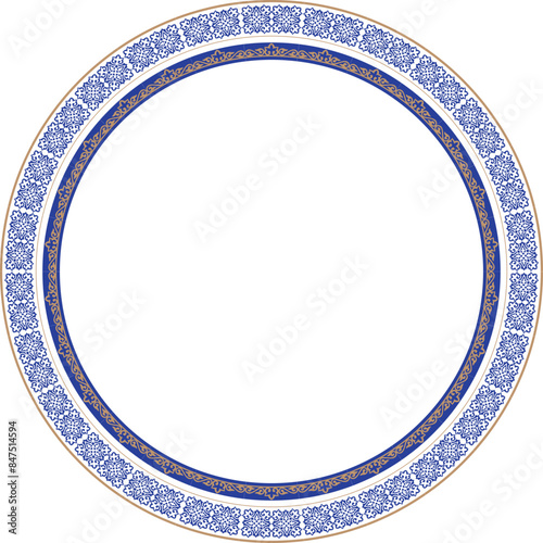 Round gold and blue Asian frame.Simple elegant line pattern in arabesque, nomadic ethnic style of Kazakh, Kyrgyz, Uzbek, national Asian decor for plate, textile and print design. Circle.