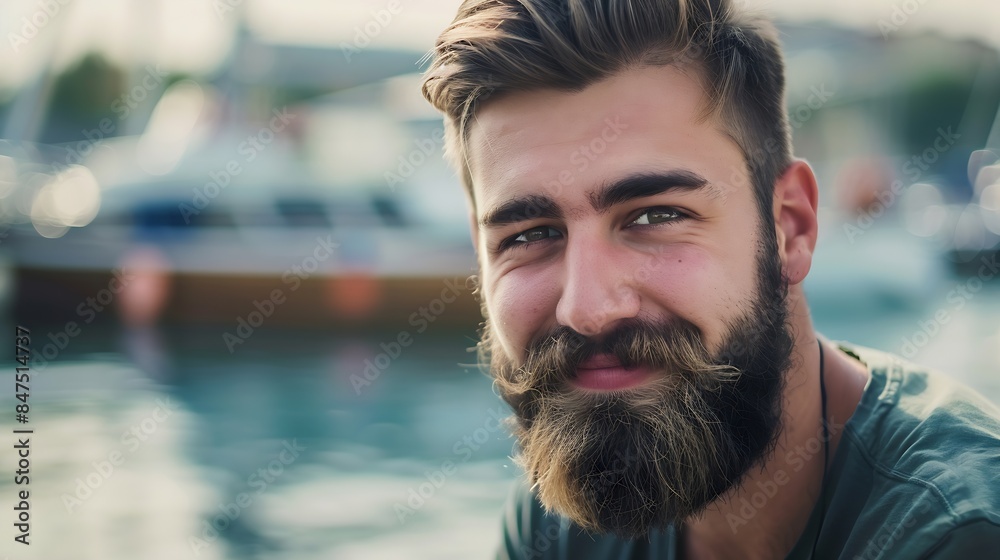 Closeup portrait of a smiling man with a beard on the embankment on a yacht background Frontal closeup of happy young hipster male looking at camera : Generative AI Closeup portrait of a smiling man with a beard on the embankment on a yacht background Frontal closeup of happy young hipster male looking at camera : Generative AI