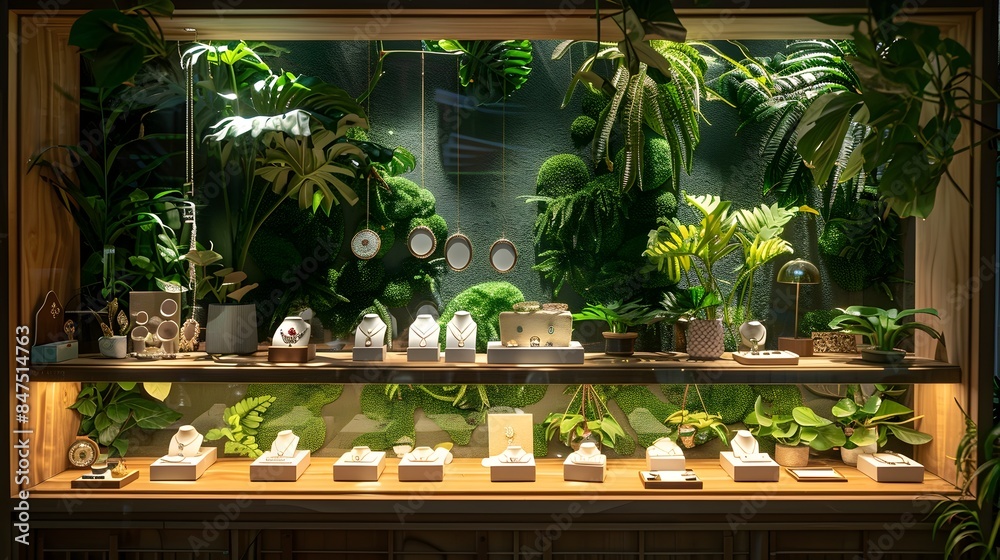 Handcrafted Jewelry Gleaming in Lush Boutique Window Display with Vibrant Greenery Backdrop Handcrafted Jewelry Gleaming in Lush Boutique Window Display with Vibrant Greenery Backdrop