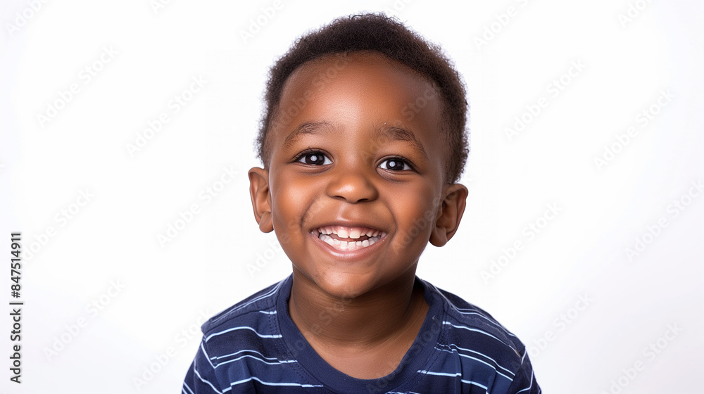 A close-up of a joyful young African-American boy with curly hair, beaming with a bright smile. Wearing a light grey t-shirt, his expressive eyes radiate happiness against a plain white background. A close-up of a joyful young African-American boy with curly hair, beaming with a bright smile. Wearing a light grey t-shirt, his expressive eyes radiate happiness against a plain white background.