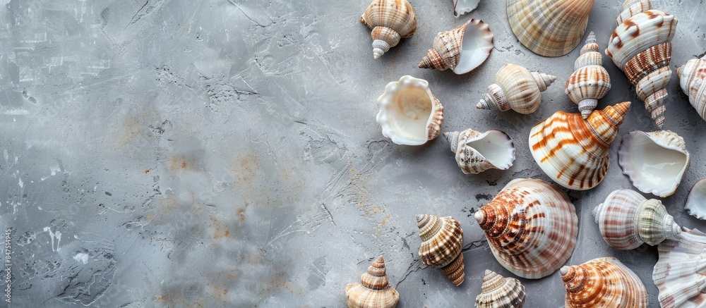 Fototapeta premium Sea shells on a gray backdrop, evoking a summer theme in a captivating flat lay arrangement from a top view, presenting a square image with space for text.