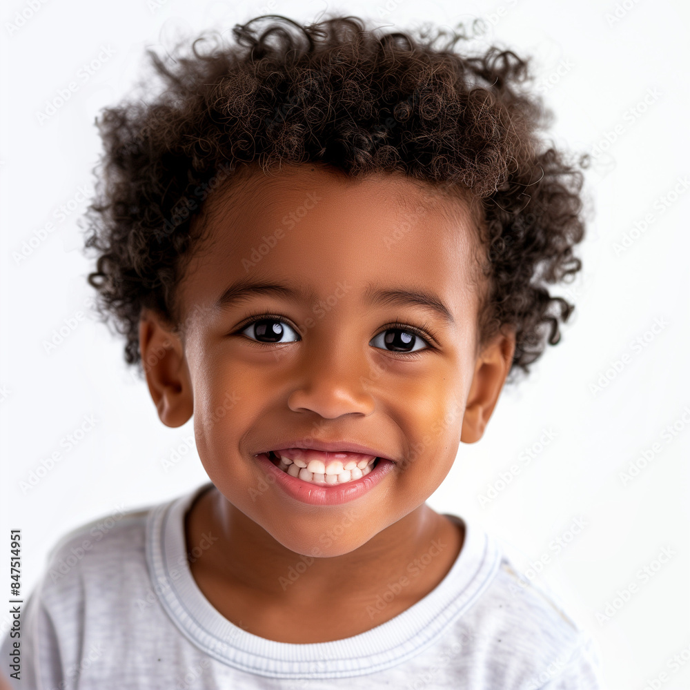 A close-up of a joyful young African-American boy with curly hair, beaming with a bright smile. Wearing a light grey t-shirt, his expressive eyes radiate happiness against a plain white background.