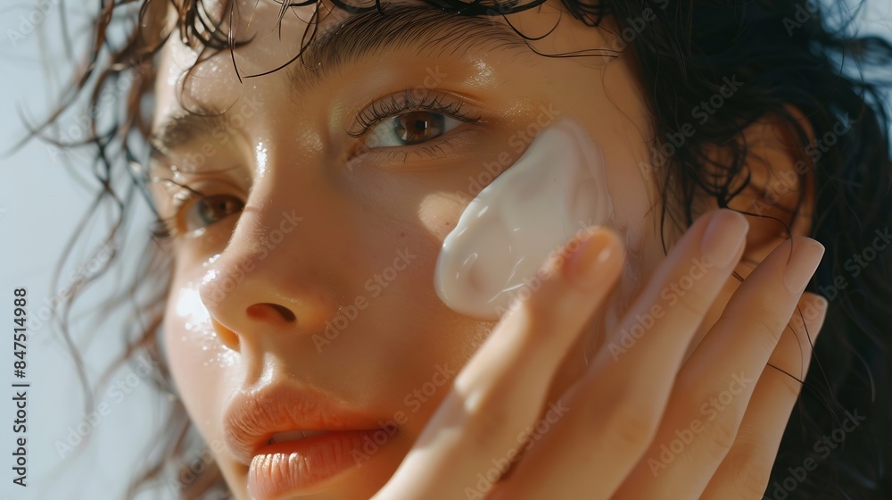 Hydration Cream smear Beuaty close up portrait of young woman with a healthy glowing skin is applying a skincare product : Generative AI Hydration Cream smear Beuaty close up portrait of young woman with a healthy glowing skin is applying a skincare product : Generative AI