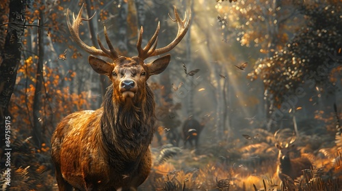 Majestic Stag Standing Proud in Vibrant Autumn Forest © Jirapron