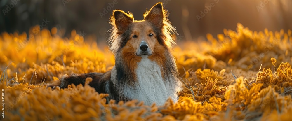 Obraz premium A Dog In The Yellow Grass At Sunrise, An Obedient And Beautiful Sheltie Posing In The Park, HD