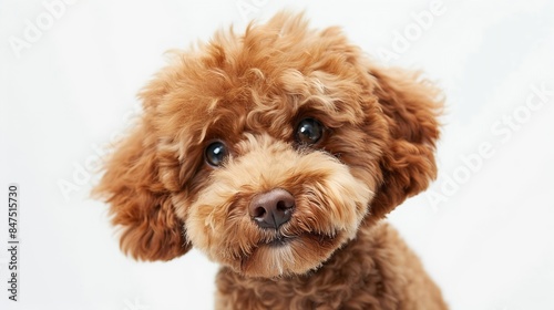 Cute charming dog Shot of Maltipoo with big kind eyes and brown fur posing isolated over white studio background Close up Pet looks healthy and happy Friend love care and animal health : Generative AI © The Little Hut