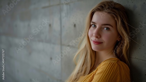 Closeup portrait of a blond haired woman leaning against the wall Confident female looking at camera and smiling : Generative AI