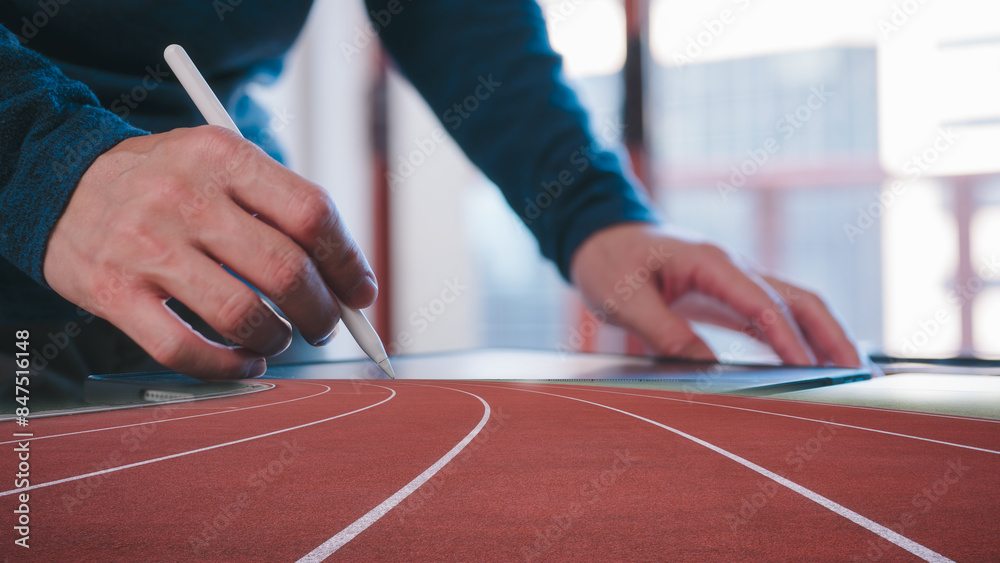 © cherdchai - digital technology and business start up concept, businessman using pen and digital tablet working in modern office with running track background multi exposure