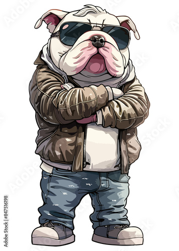 A cartoon character bulldog stands upright, wearing clothes, with arms crossed and aviator sunglasses.