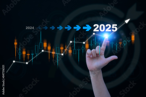 Photography 2025 business planning and strategy concept, girl Hand touching on bar status to