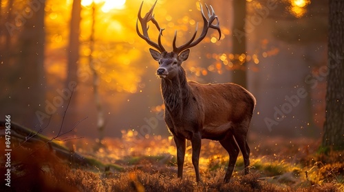 Majestic Stag Standing Proud in Autumn Forest Landscape © Jirapron