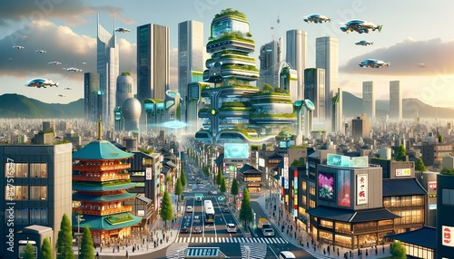 東京タワーと高層ビルと緑が融合する未来2050年の日本の東京の風景｜Generative AI photo