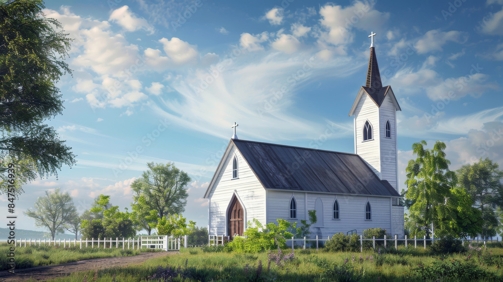 A small white church with a cross on top A small white church with a cross on top