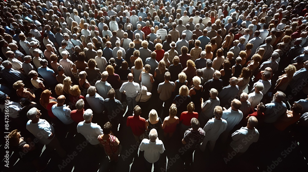 Obraz premium political rally crowd - drone view above event. Looking straight down - bird’s eye view 
