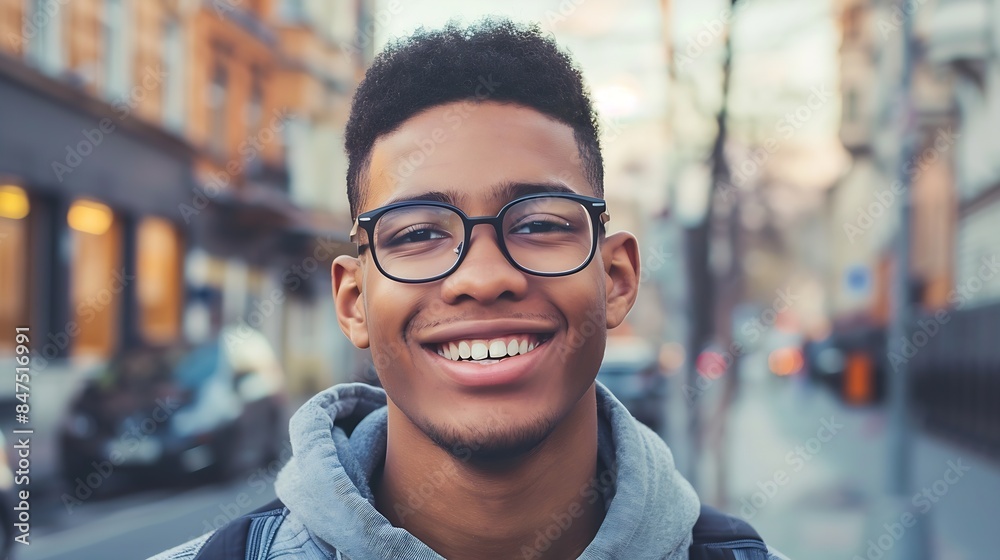 A young unshaven afro american smiling man wearing eyeglasses on the street Outdoor portrait Close up : Generative AI A young unshaven afro american smiling man wearing eyeglasses on the street Outdoor portrait Close up : Generative AI
