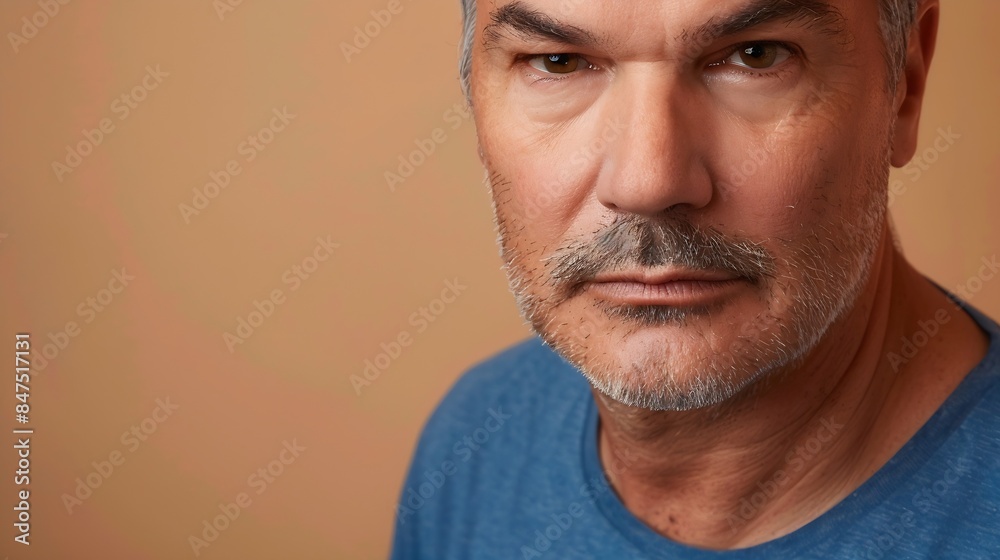 Closeup portrait of confident middle aged man dressed blue Tshirt looking at camera isolated beige studio background Concept of natural beauty skincare facial expression antiaging trea : Generative AI Closeup portrait of confident middle aged man dressed blue Tshirt looking at camera isolated beige studio background Concept of natural beauty skincare facial expression antiaging trea : Generative AI
