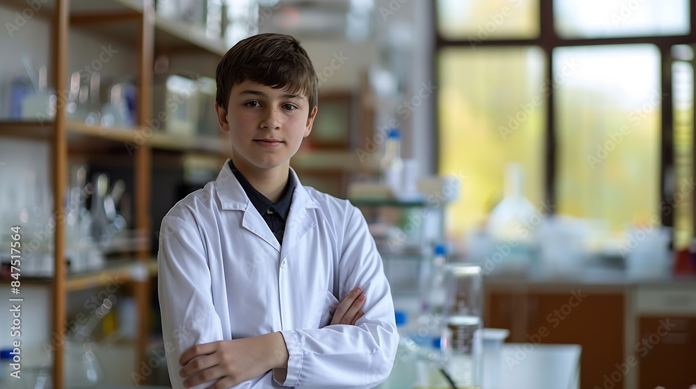 Front view portrait of teenage boy wearing lab coat in science class and looking at camera : Generative AI Front view portrait of teenage boy wearing lab coat in science class and looking at camera : Generative AI