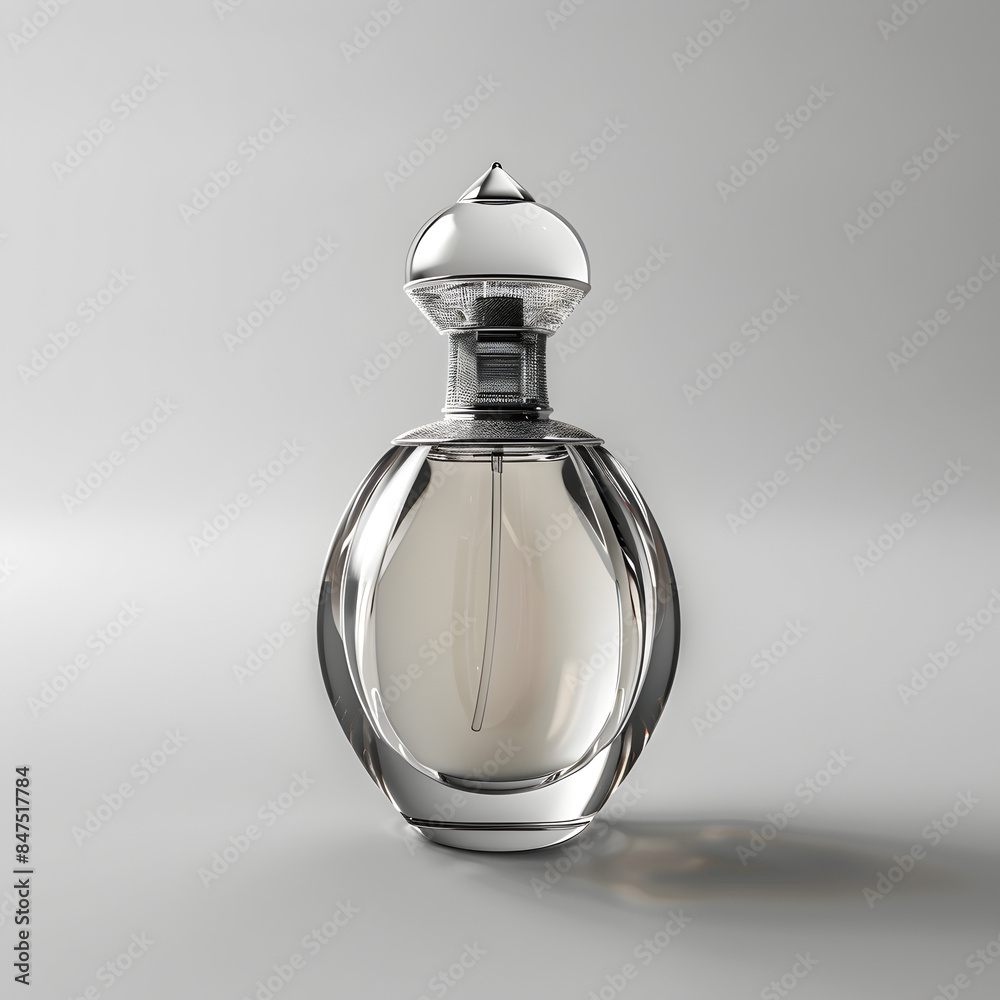 A bottle of perfume with a gold top. The bottle is made of clear glass and has a gold top A bottle of perfume with a gold top. The bottle is made of clear glass and has a gold top