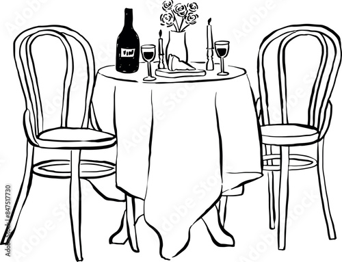 Ilustración vectorial de mesa de cena dibujada a mano. Paisaje de mesa para invitación, papelería o branding. Icono de cena para invitación de fiesta