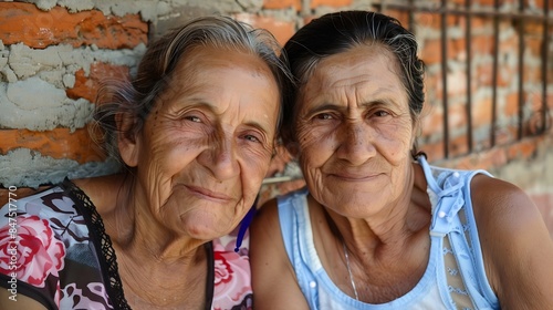 Portrait of a beautiful mother and grandmother open horizontal Optimistic looking at camera Bricks background Copy Space Taken in Merida Venezuela Concept of peoples and traditions : Generative AI photo